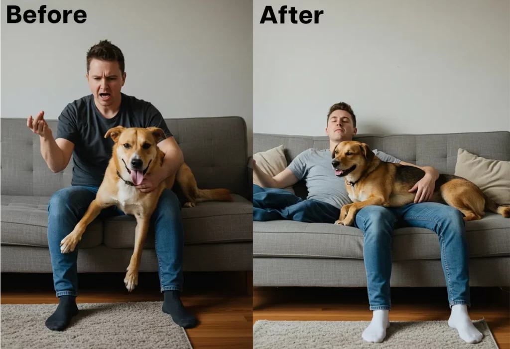 A before/after style image – one side showing a frustrated owner with an out-of-control dog, the other showing the same pair relaxed together on a couch, visually telling the story of transformation through mindfulness.
