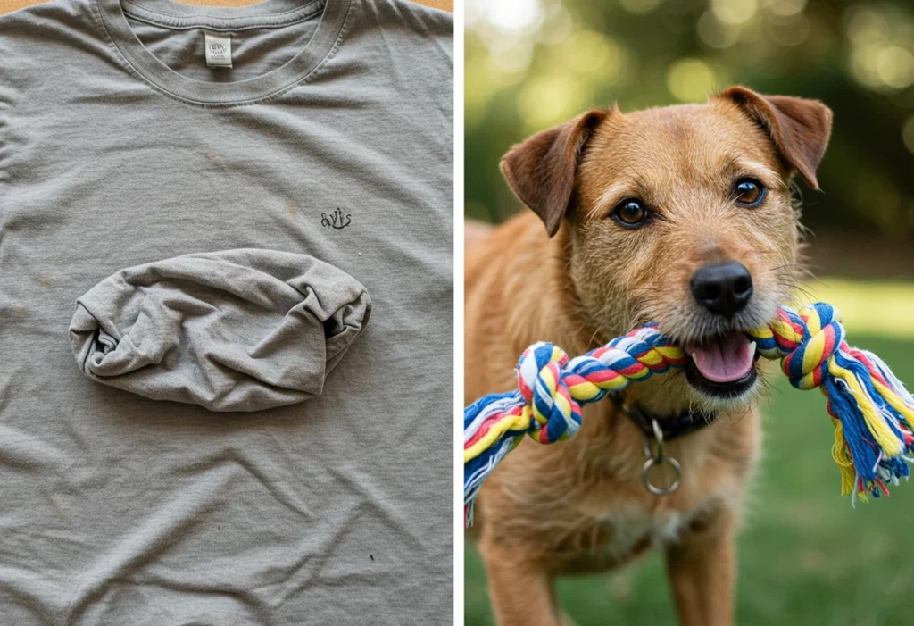 A before/after shot showing an old t-shirt next to the finished braided rope toy with a dog tugging on it