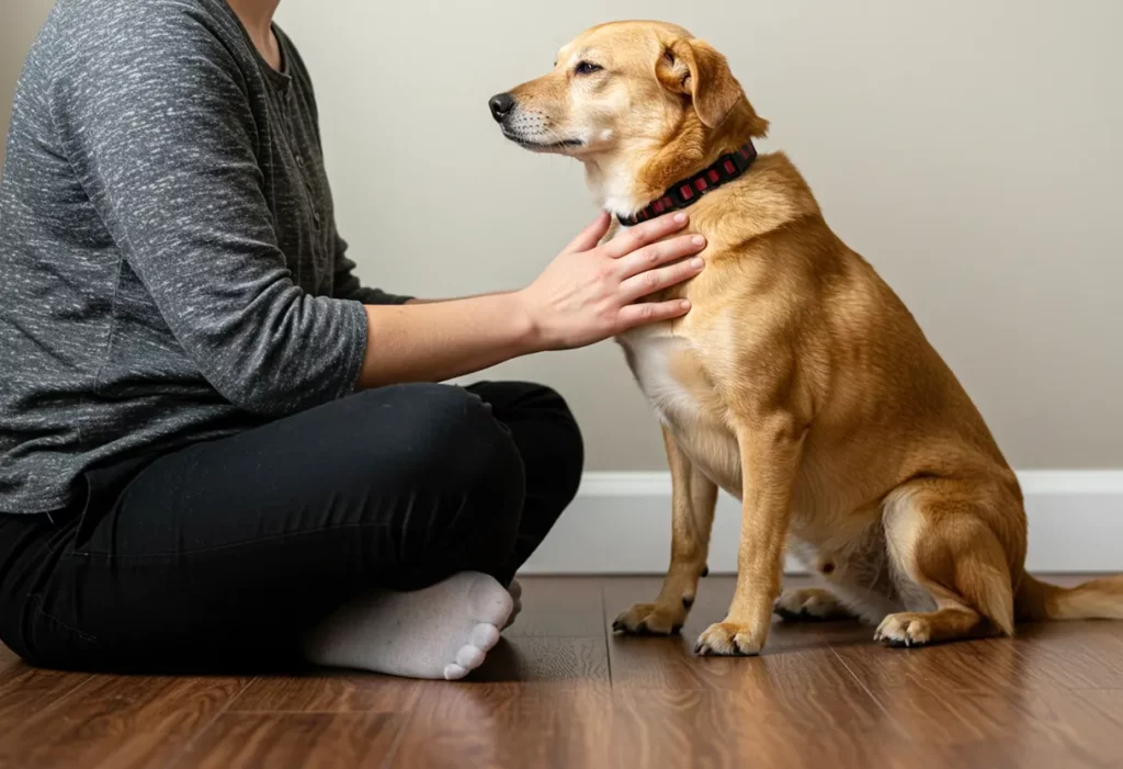 A person sitting cross-legged on the floor with their dog, one hand gently resting on the dog's chest, both with peaceful expressions – the human clearly modeling calm energy and the dog responding.

