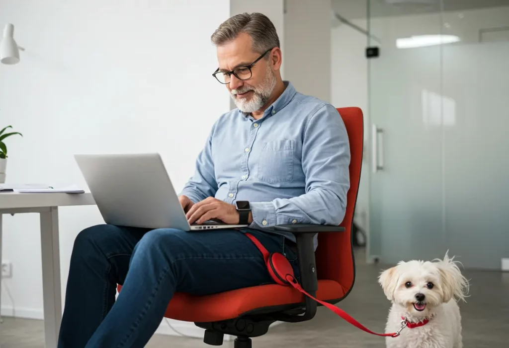 Potty train: A person working on a laptop with a puppy attached to them by a leash