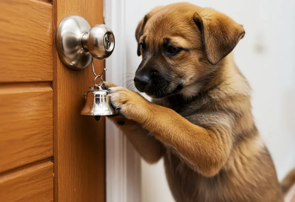 A puppy pawing at a bell hanging from a doorknob.