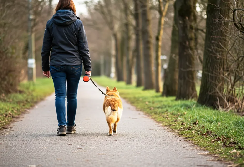 Person and dog walking with loose leash on a quiet path, both looking relaxed and in sync with each other – capturing the peaceful connection of a mindful walk rather than the typical hurried, distracted dog walk.
