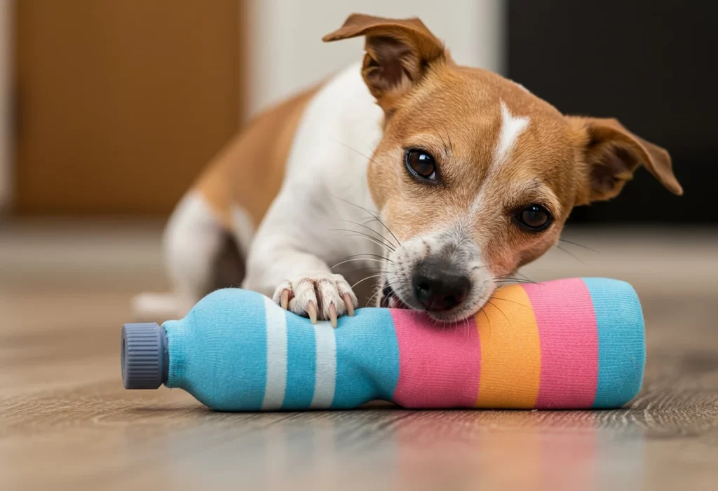 A colorful sock with a visible water bottle shape inside and a dog happily chewing on it.